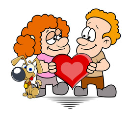 Cartoon mature  Couple with Heart and Pet Dog