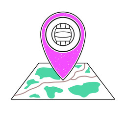 Textured pink geotag icon with volleyball symbol pointing at a map.GPS navigation.Mobile device, smartphone app, website vector illustration.Team sport game sign. Volleyball court location on a plan