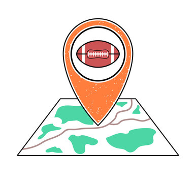 Textured orange geotag icon with rugby ball symbol pointing at a map.GPS navigation.Mobile,smartphone app, website vector illustration.Team sport game sign. American football field location on a plan