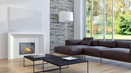 Modern bright living room lounge interior with fire place. 3D rendering