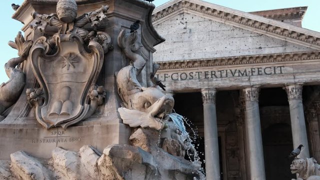 Fountain in the Pantheon's Piazza della Rotonda, Rome, Italy. The Fontana del Pantheon was commissioned by Pope Gregory XIII