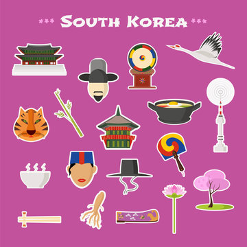 Travel to Korea, Seoul vector icons set. South Korean landmarks, nature, traditions and culture