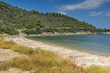 Panoramic view of Vathi Beach at Sithonia peninsula, Chalkidiki, Central Macedonia, Greece