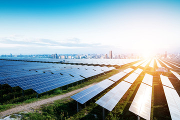 solar panels with the sunny sky. Blue solar panels. background of photovoltaic modules for...