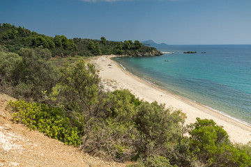 Fototapeta na wymiar Panoramic view of Agios Georgios Beach at Sithonia peninsula, Chalkidiki, Central Macedonia, Greece