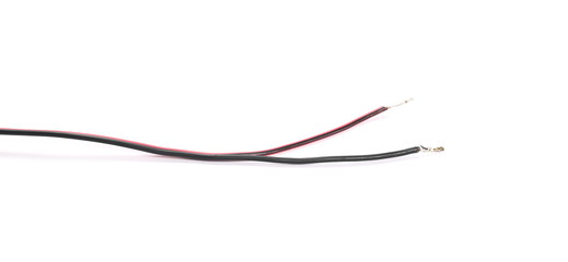 Black and red damaged, cut cable isolated on white background