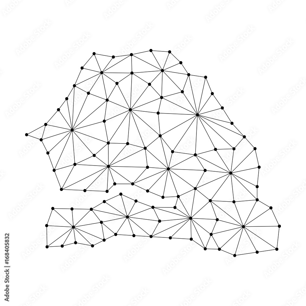 Poster senegal map of polygonal mosaic lines network, rays and dots vector illustration.