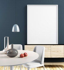 Mock up poster in interior with dining area. living room modern style. 3d illustration
