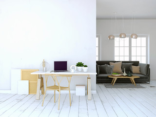 Modern light interior, a place for study, consisting of working Desk, lamp and a laptop. 3D illustration.wall mock up
