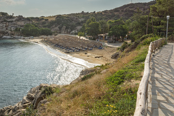 Obraz premium Panoramic view of Tourkolimnionas Beach at Sithonia peninsula, Chalkidiki, Central Macedonia, Greece