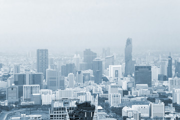 Bangkok cityscape high panorama. High view of buildings, river and traffic.