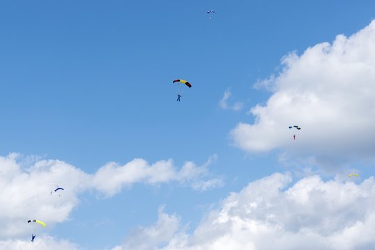Russia, Kolomna, Aerograd, Many Landing skydiver.