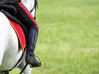 A rider on a white horse on a background of green grass. Cossack on horseback