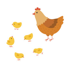 funny hen cartoon with her baby chicken, mother hen