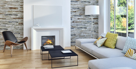 Modern bright living room lounge interior with fire place. 3D rendering