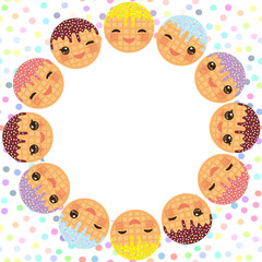  Card design with Kawaii Belgium waffles with pink cheeks and winking eyes, and sprinkls,  pastel colors polka dot background round frame for text. Vector