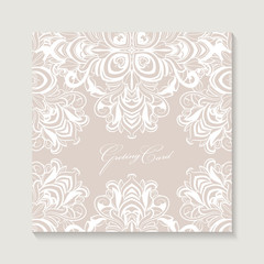 Greeting card with lace for wedding, birthday, Christmas and other holidays. Vector frame. 