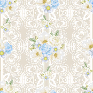 Floral seamless pattern with  bouquets of flowers and lace.  Vector hand drawn background.