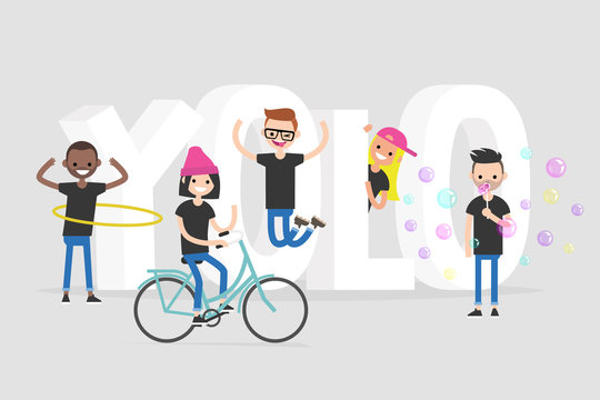 YOLO. You only live once. A group of active teenagers standing near the 3D letters. Conceptual illustrated 3d sign / editable flat vector illustration, clip art