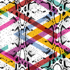 Fototapeta premium Snake skin texture seamless pattern. black magenta orange pink purple lilac green stripes, Geo modern Geometric abstract background fashion creative art print for design textile blog fabric. Vector