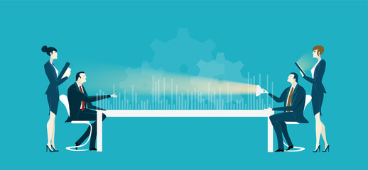 Business meeting. Business people talking  across the long meeting desk. Business concept illustration. 