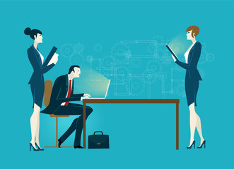 Businessman working with laptop and personal assistants making the notes. Business concept illustration. 