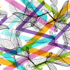 Leaves black contours, Rainbow bright magenta pink orange blue lilac purple modern trendy background. floral seamless pattern, hand-drawn. Geometric abstract background for site, blog, fabric. Vector