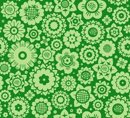 Flowers, background, seamless, green, vector. Green decorative flowers on a dark green background. Floral seamless pattern.  