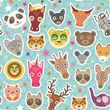 Funny Animals seamless pattern on light blue Polka dot background. lion, kangaroo, horse, bear, mouse, raccoon, deer, owl, jaguar, giraffe, unicorn, panda, elephant. Vector