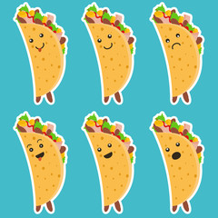Set of nice emotional taco characters with white outlines on blue background. Cute laugh and sad tacos character for mexican food advertisement