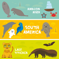 Cute animals set anteater manatee sea cow bat Hyacinth macaw dolphin seal jaguar, kids background, South America animals Lake Titicaca, Amazon River bright colorful banner. Vector
