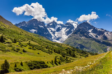 Fototapeta na wymiar Ecrins National Parc mountain peaks and glaciers in summer. Glacier du Lautaret and Glacier de l'Homme. La Meije, Southern French Alps, Hautes-Alpes. France