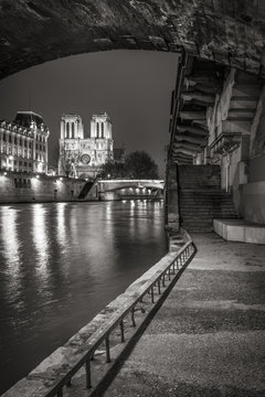 Fototapeta Notre Dame de Paris cathedral from the Seine River banks at night in Black & White. Ile de la Cite, Paris, France