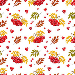 Seamless autumn pattern with berries and leaves. Vector Colorful background for wallpaper, gift paper, greeting cards, wrapping, textile, print. 