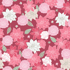 Floral vector seamless pattern with daisy, lilly, chrysanthemum graphic flowers on pale fuchsia background. For textile, book covers, manufacturing, fabric, cloth design, wallpapers. Raster copy
