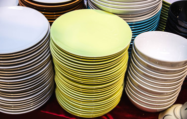 stack of colorful plate made of ceramic