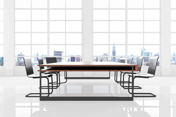 3D Rendering : illustration of conference room mock up on brown wooden desk table in white interior room. minimalism interior mock up. fitered image to comic halftone picture style