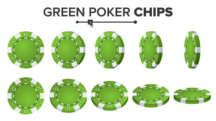 Green Poker Chips Vector. Realistic Set. Poker Game Chips Sign Isolated On White Background. Flip Different Angles. Success Concept Illustration.