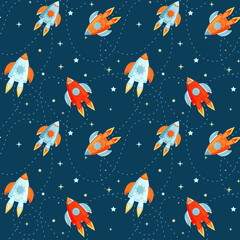 Fototapeta na wymiar Cartoon vector rockets in cosmos seamless pattern