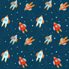 Velvet curtains Cosmos Cartoon vector rockets in cosmos seamless pattern