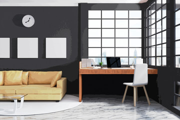 3D Rendering : illustration of modern interior Creative designer office desktop with computer. pc laptops mock up working place of graphic design at house. filtred image to comic halftone