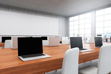 3D Rendering : illustration of Close up a laptop in Conference room interior. wooden table and concrete wall. city view. copy space on screen. e commerce laptop business concept. clipping path include