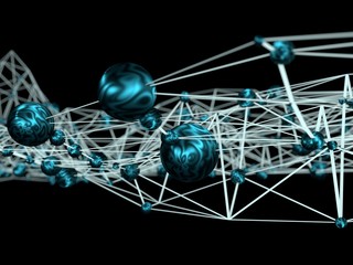 Molecule And Communication Background. Brochure or web banner design. Lines and metallic spheres. Concept of medical, technology, science and internet network. Shallow depth of field. 3D rendering.