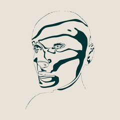 Elegant silhouette of a human head. Monochrome portrait painted by chaotic stripes pattern.