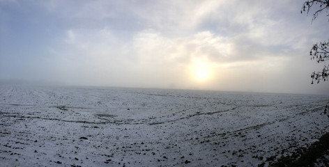 White fields totally covered with snow in Veszprem, Hungary