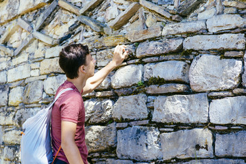 young tourist in the pre-inca walled city Kuelap / Chachapoyas / Peru/ south america