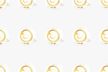 Seamless pattern with top view of coffee latte art cups. Coffee break colorful tiling background. filtered to comic halftone. seamless background. water color drawings of coffee cups