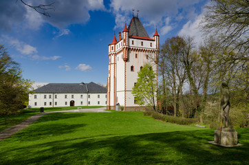 White castle with water tower. Hradec nad Moravici. Czech Republic.