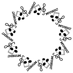 Black notes, warp and treble clef on white background in ring.