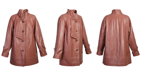 Women's leather jacket brown color on white background, isolated. The view from three sides